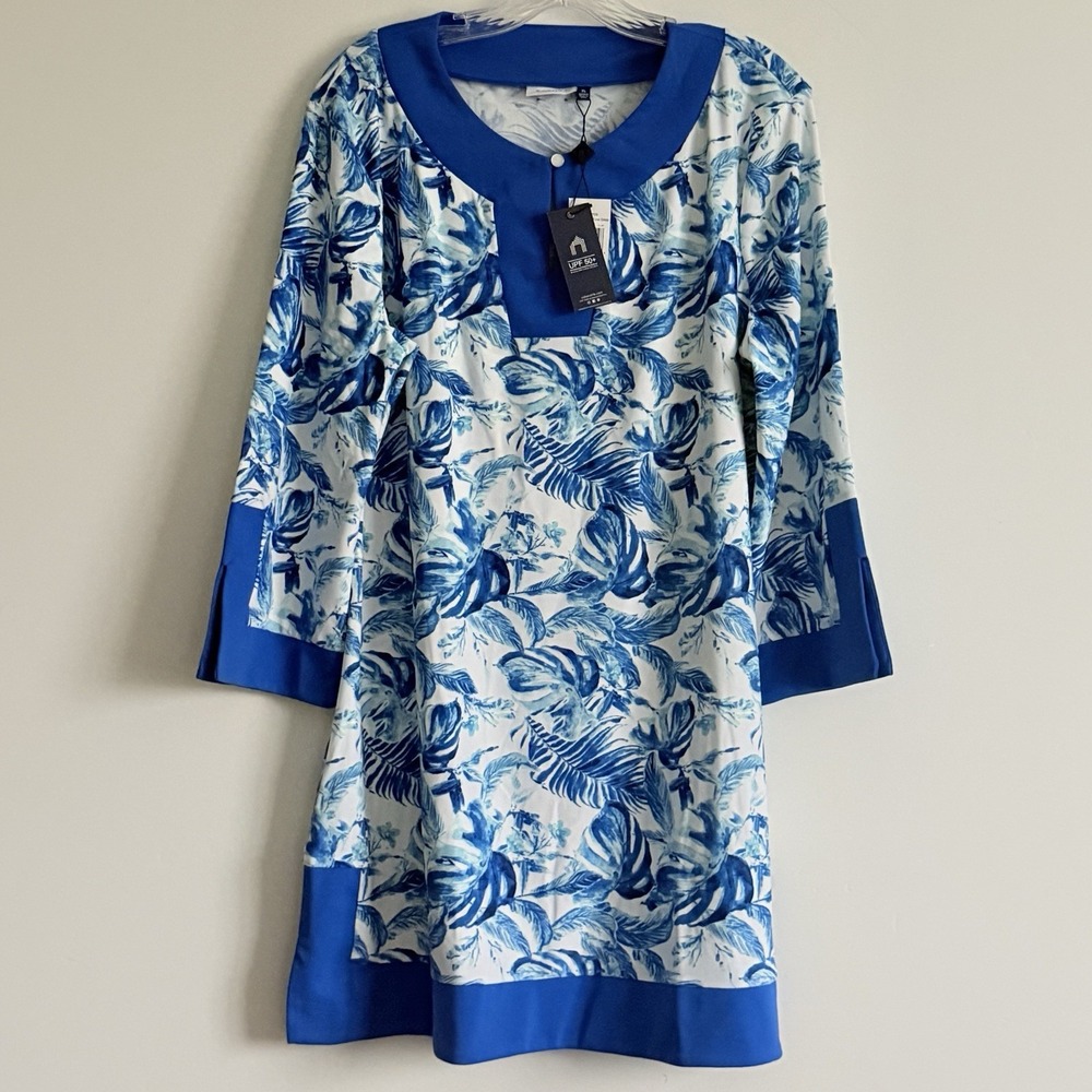 Cabana Life Tropical Shift Dress Split Neck 3/4 Sleeve XL Resort Beach Luxury